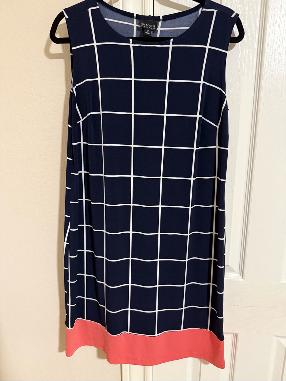 En Focus Navy Windowpane Shift Dress with Coral Hem